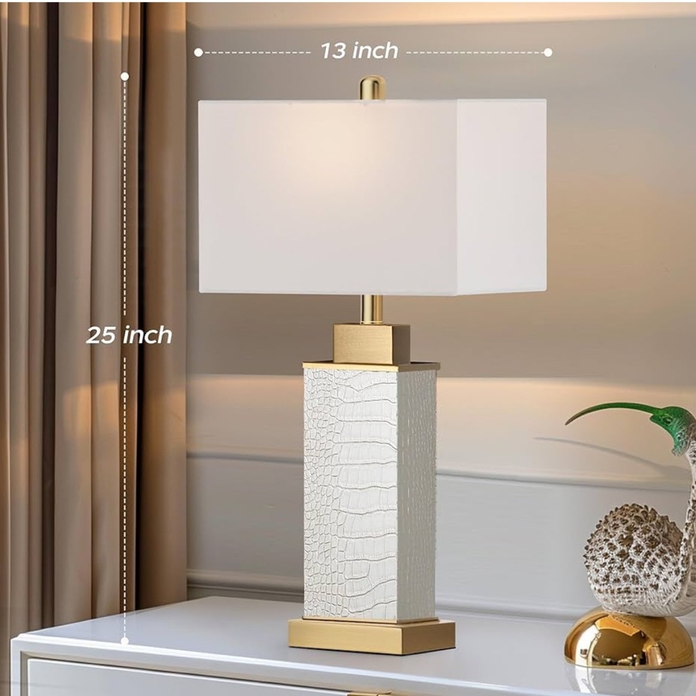 NEW! 2 Touch Control Table Lamps Rectangle Shade Faux Leather Snakeskin White - Picture 4 of 13